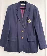 Vintage 80s Brooks Brothers Crested Blazer Women Blue Cotton Gold Button L READ