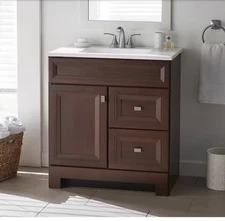 Sedgewood 30.5 in Single Sink Bath Vanity in Dark Cognac,Arctic Solid SurfaceTop