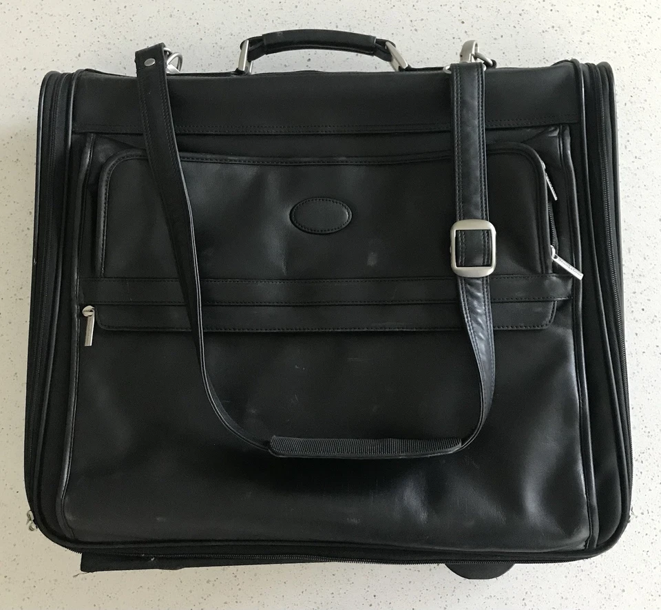 Brookstone Wheeled Black Leather Deluxe Garment Bag Bi-Fold Style 38x22x6 - Image 2 of 4