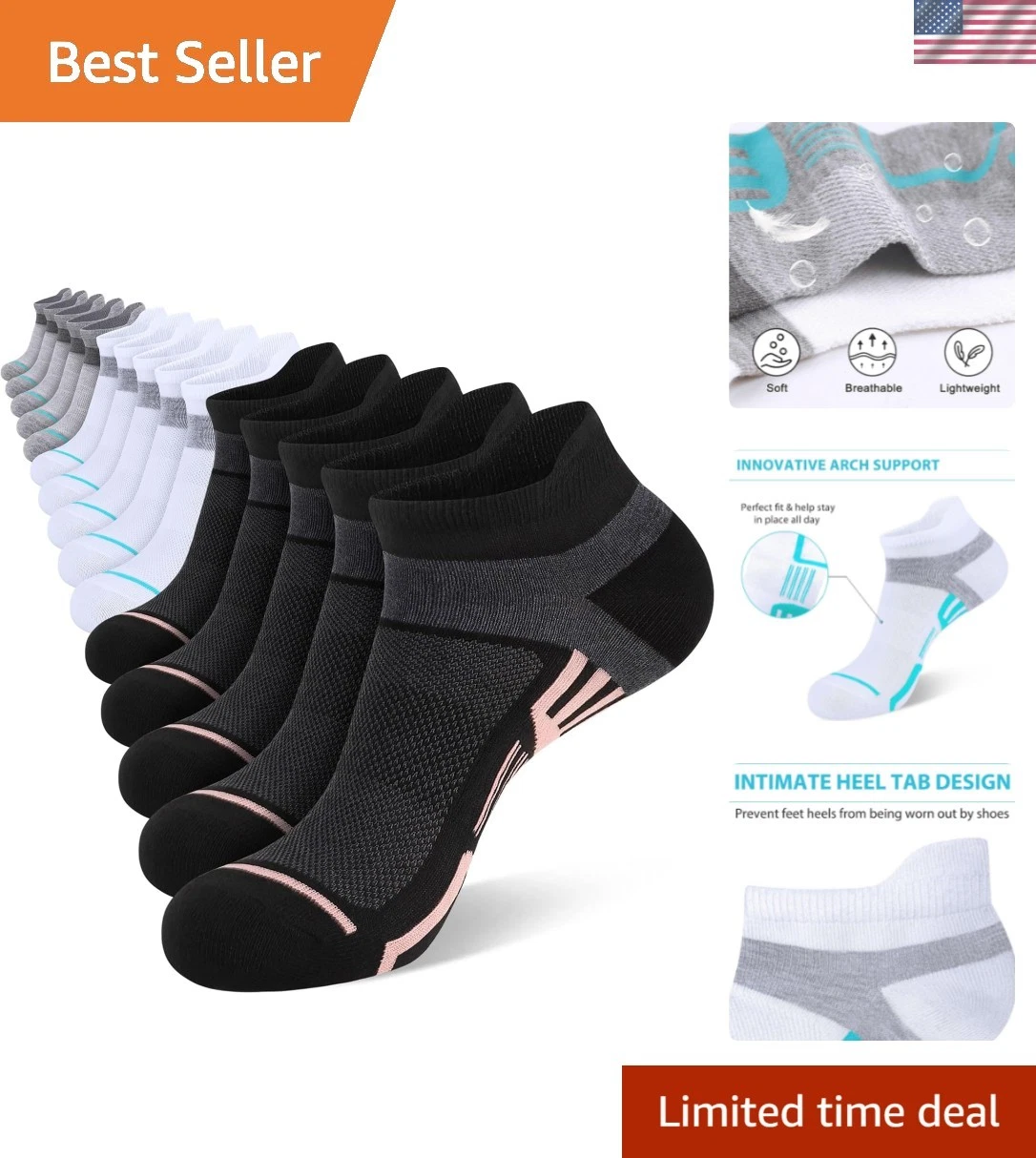 10/15 Pairs Womens Ankle Socks Lightweight Breathable Casual Low Cut Socks fo...