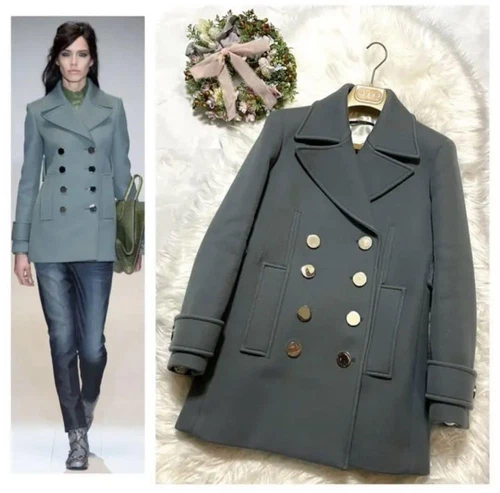 Gucci Cappotto Donna Runway Argento Bottone P Doppia Giacca Blu Chiaro Grigio