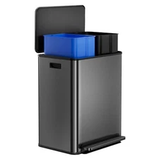 16 Gallon Dual Trash Can Stainless Steel Garbage Can Step-on Recycle Garbage Bin