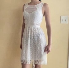 Women’s Guess White Lace Dress Sleeveless Sheer Top A-Line Party Cocktail Dress