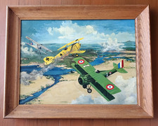 Vintage Oil Painting On Board Wwi Military Air Planes In Battle Signed