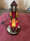 Vtg Stained Glass Red And White Tiffany Style Nautical Lighthouse Table Lamp