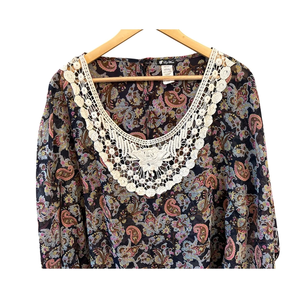 Lily White Boho Paisley Crochet Trim Blouse XL Made USA Festival Top Y2K Style - Image 2 of 4