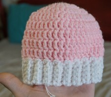 Crochet Baby Beanie Pink w/ White Stretchable Ribbed Brim 6" Flat