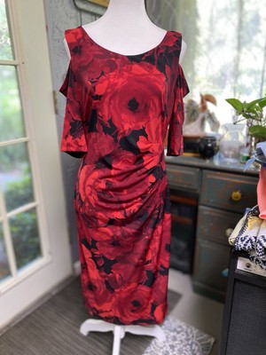 Connected Apparel 90s Dress Exposed Shoulder Roses Red Black Ruched Side (u)