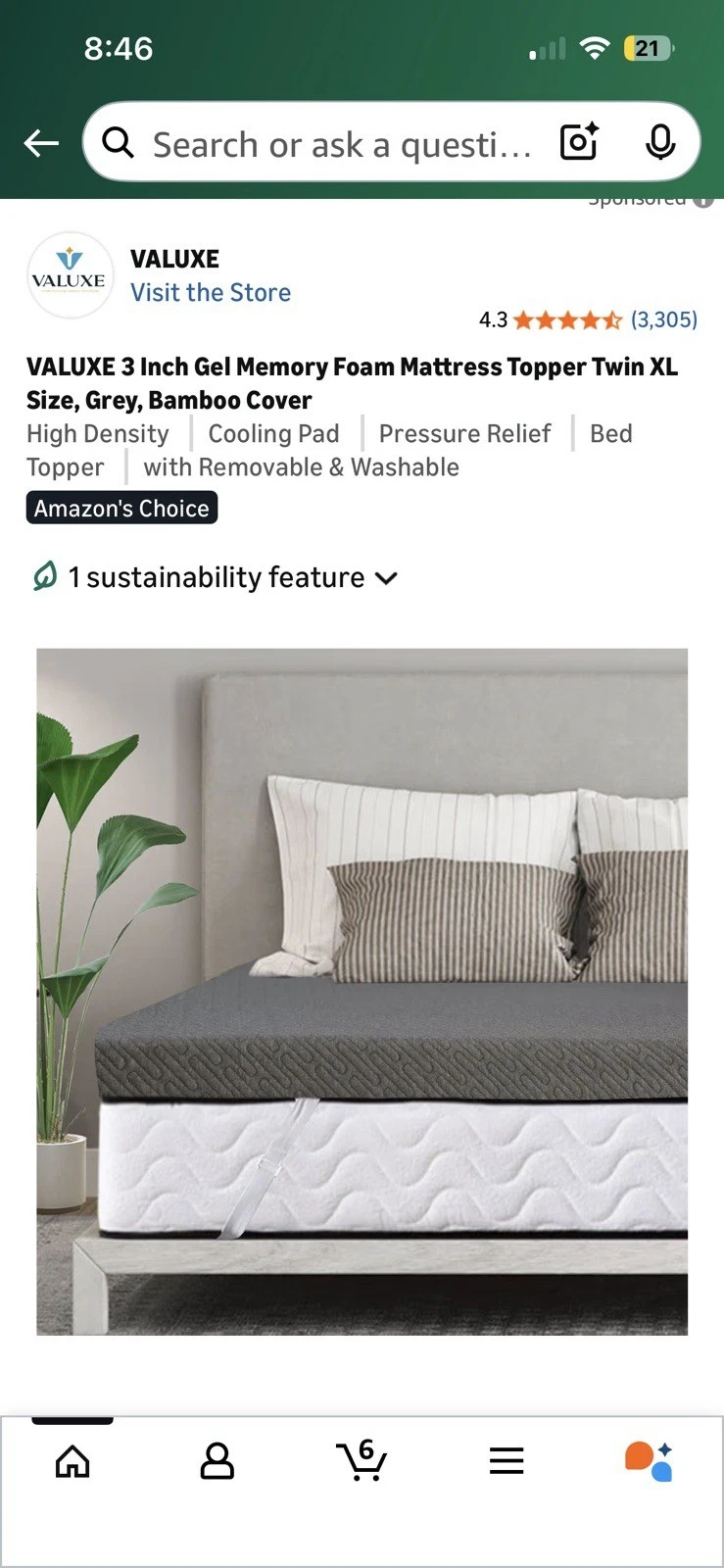 VALUXE 3 Inch Gel Memory Foam Mattress Topper Twin XLSize, Grey, Bamboo Cover