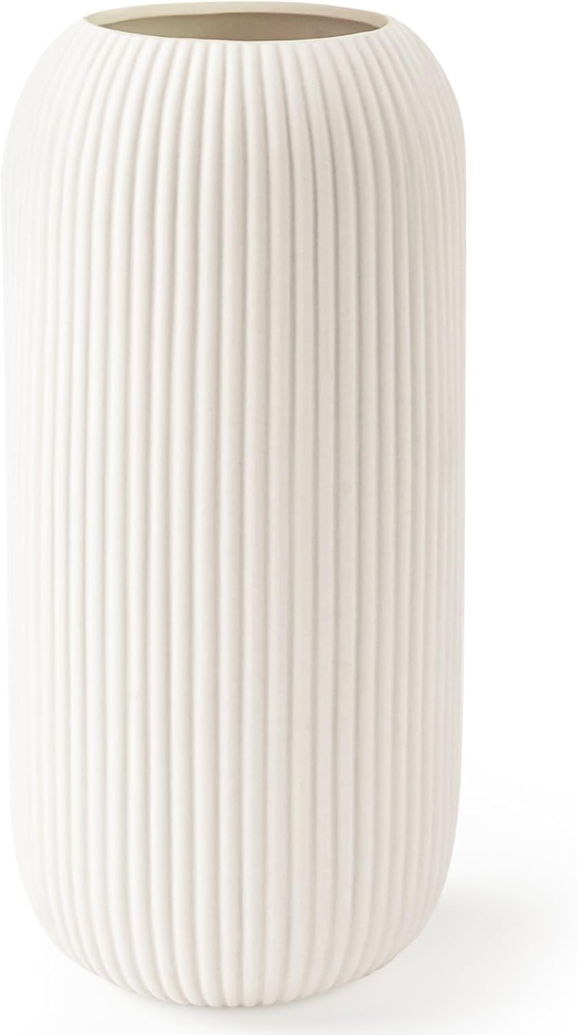 Ceramic Vase for Flowers – Modern Small Ribbed Textured Flower Vase for Home Dec