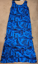 Vintage Royal Blue HAWAIIAN Sleeveless Maxi Dress Aloha Airlne Cotton Large 70s