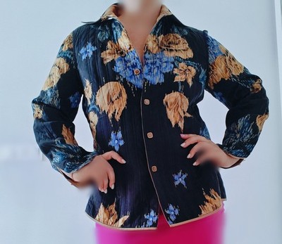 Th. Braun Women Vintage 80s Silk Jacket Floral Print Black Golden Blue, 42 Size