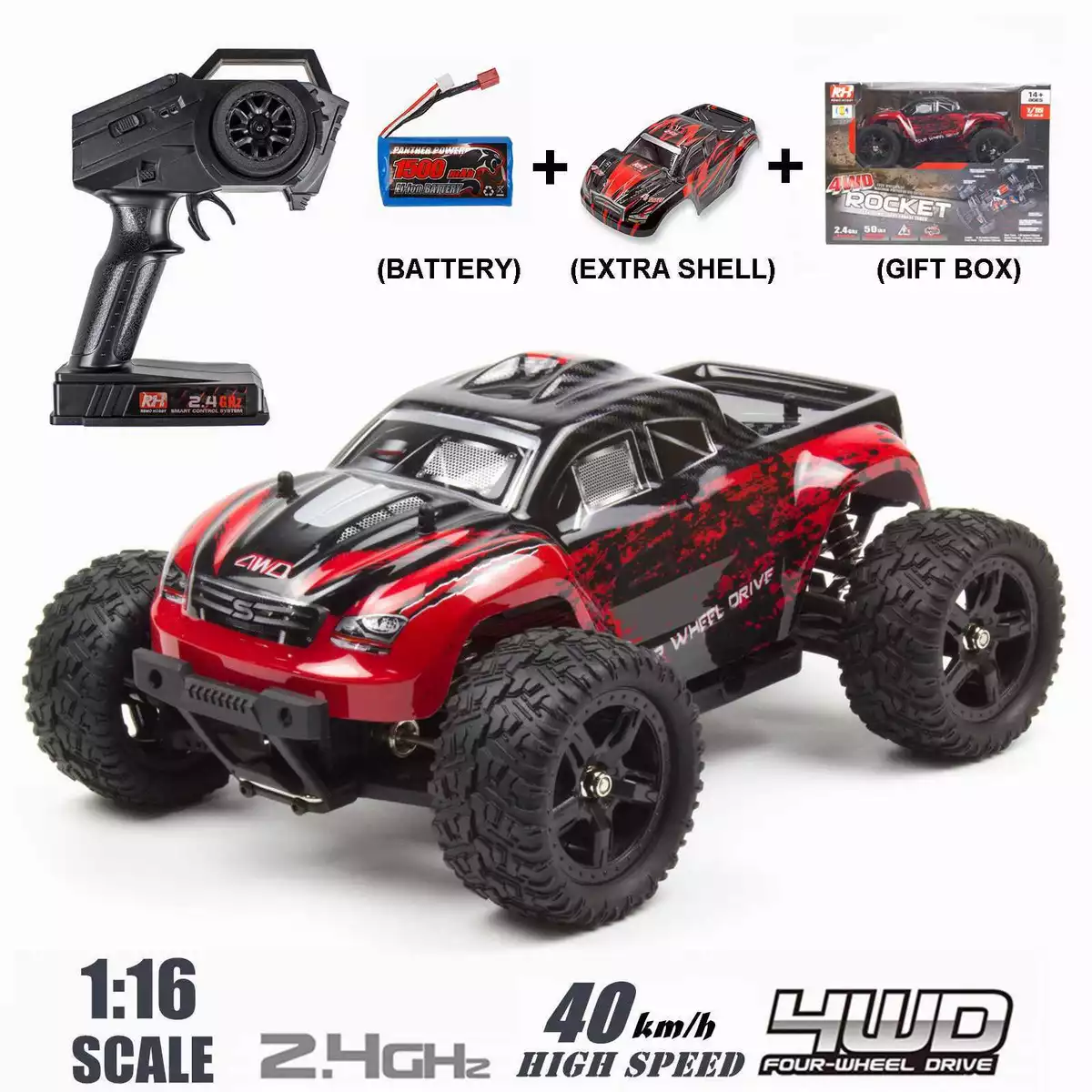 RACENT RC Truck 1/16 Remote Control Truck 30MPH High Speed 4x4 Off Road All  Terrain RC Cars Remote Control Car for Boys Kids and Adults