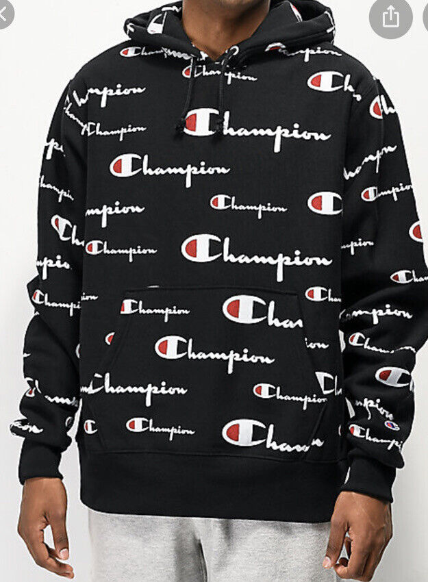 tildeling vold Ingen Champion Sweatshirt Hoodie Pullover Reverse Weave All Over Print SpellOut  Black | eBay