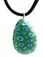 Murano Art Glass Pendant Necklace 19" Millefiori Style Green Blue Silver Plated