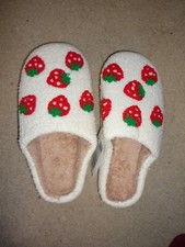 NWT Strawberry Print Slippers, Fuzzy White Slip-On Style, Cushioned Foot Bed