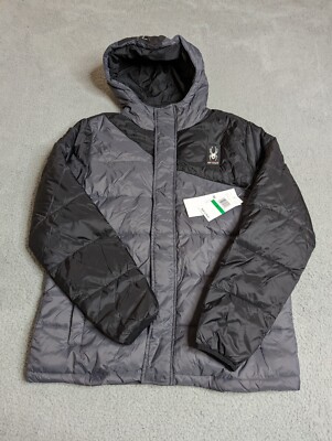 Spyder Jacket Mens Large Black Gray Circuit Colorblock Full Zip Hooded Puffer