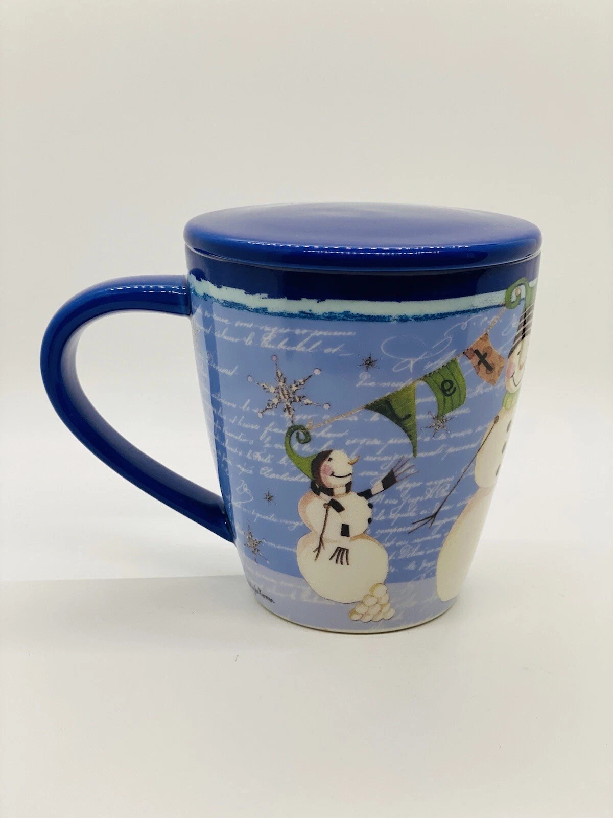 Lang Glowing Snowman Mugw/lid 2015 Debbie Taylor Kerman Approx 4.5” X6”w/handle