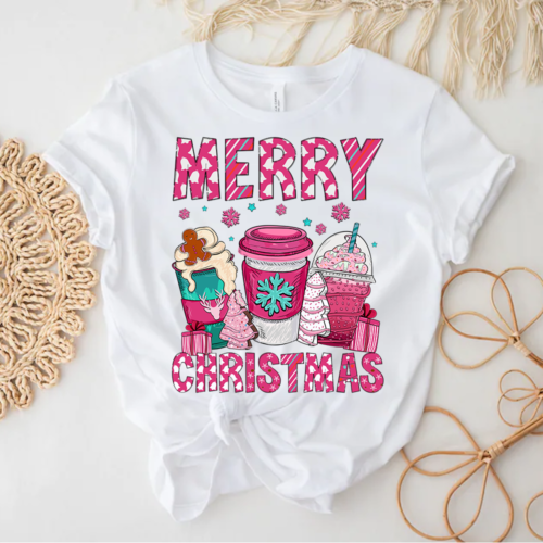 Christmas Coffee Mug Brewer Merry Christmas Pink Coffee Cups T-Shirt - Picture 1 of 3