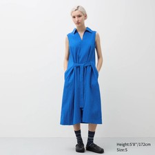 Uniqlo x J.W. Anderson Women  Seersucker Belted Sleeveless Midi Dress Sz XL Blue