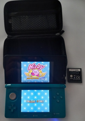 Nintendo 3DS AQUA BLAU HANDHELD KONSOLE mit Kirby Super Star Ultra , Avatar, Yo