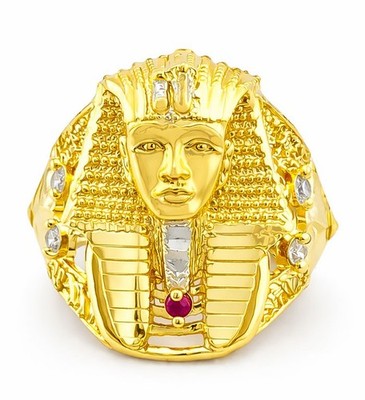 LAB CREATED RUBIN & C/ZIRKON ÄGIPTISCHER PHARAONENKÖNIG RING 10K GOLD - Neu mit Etikett