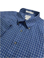 NWOT LL Bean Shirt Mens Sz L Windowpane Plaid Navy Blue Button Down Short Sleeve