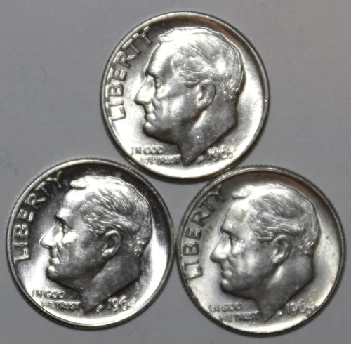 (3) About Uncirculated Roosevelt Dimes - 1963D 1964D 1964P - #9822D