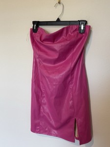 slim fit dress slacks Bright Pink Strapless Summer Faux Leather Mini Dress L / Burgundy main image 1