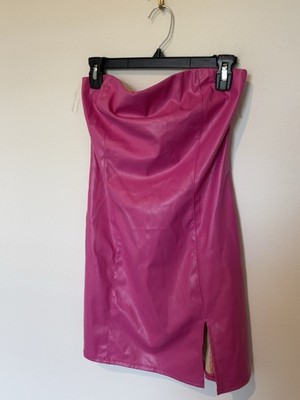 Women's Mini Pink Faux Leather Sleeves Dress With Slit Size Large | eBay