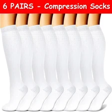 (6 Pairs) Compression 15-20mmHg Graduated Support Socks Calf Mens Womens S-XXL