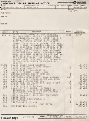 1971 CHRYSLER IMPERIAL LE BARON DEALER DEMO MFG Window  ON 65 lb paper COPY