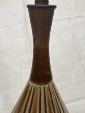 Brown Ceramic and Wood Table Lamp, Geometric Design, Glossy Speckled Finish