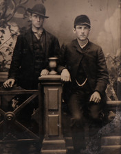 Antique CDV 6th Plate Tintype of 2 Handsome Men Wearing Hats 1436