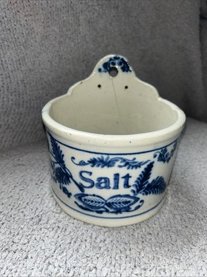 Antique German Stoneware Salt Cellar Wall Hanger Delft Blue Style 6 