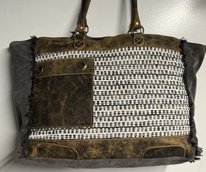 Myra Gray Canvas Cowhide Leather Furry Fold Over Backpack Duffle Bag/Wristlet Myra duffle bag, cowhide - Gem main image 2
