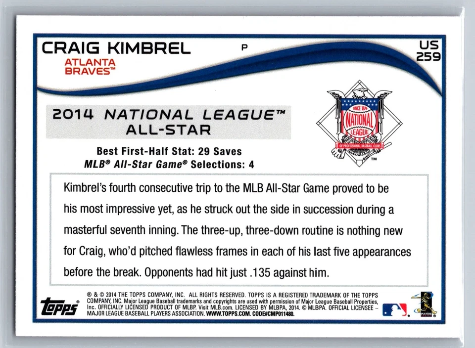 2014 Topps Update #US-259 Craig Kimbrel Red Foil - Image 2 of 2