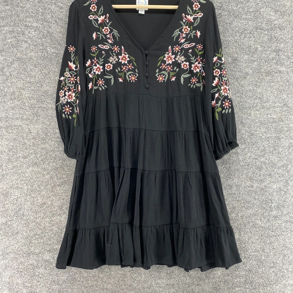 Blue Rain Dress Women XS Black Floral Embroidered Shift Short V-Neck Button - Image 4 of 4