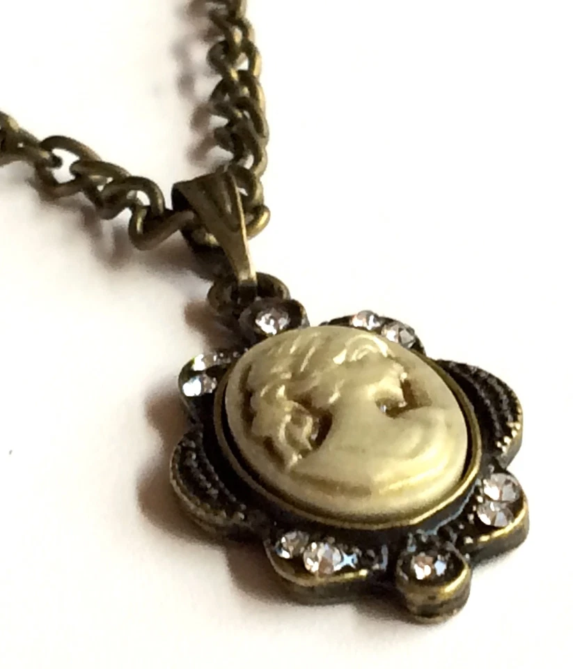 Cameo Pendant Necklace 28" X-Long Vintage Style Victorian Gold Tone Plated - Image 2 of 4