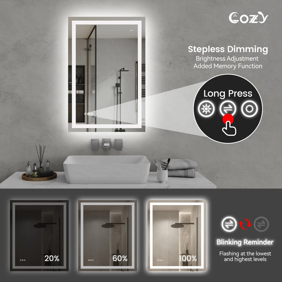 24x36'' LED Bathroom Mirror Wall Vanity Mirror Dimmable Anti-fog Tempered Glass - Image 4 of 4