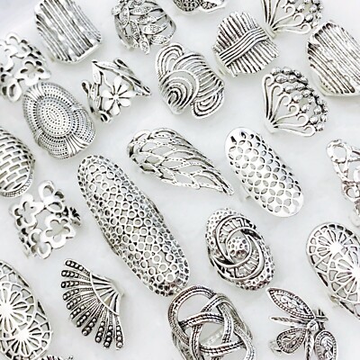 Bulk Lots 20 Silver Plated Carved Flower Vintage Rings Mix Women Charm Wholesale