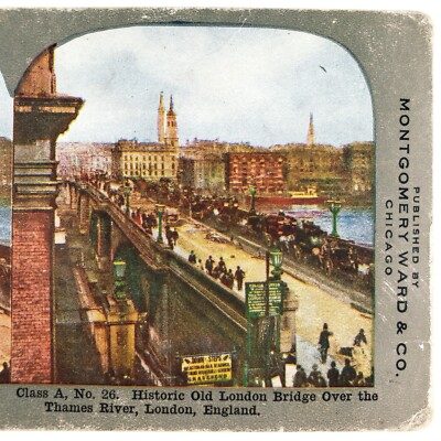 Old London Bridge Street Stereoview c1905 Montgomery Ward River Thames UK H1078