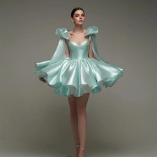 Satin Wedding Dress Ribbon Bow Sleeves Lace Up Backless Cocktail Short Prom Gown