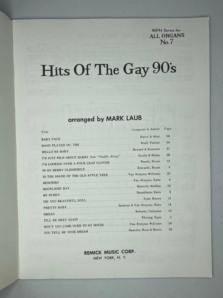 Hits of the Gay 90s MPH Series All Organ No. 7 Mark Laub Sheet Music Book Chords - Image 2 of 4