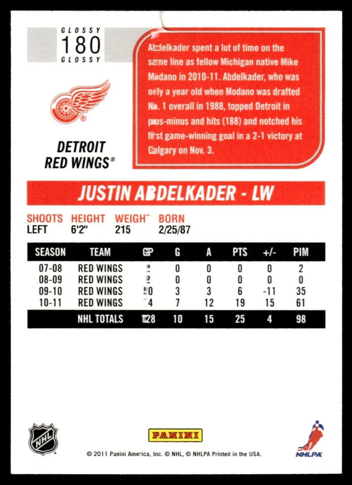 2011-12 Score Glossy Justin Abdelkader Detroit Red Wings #180 - Image 2 of 2