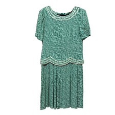 MHM Melissa Harper Womens 10 Green White Midi Dress Scallop Trim Short Sleeve