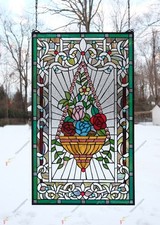 20" x 34" Flower in Basket Tiffany Style stained glass window panel HF526