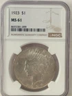 1923 Peace Silver Dollar Coin NGC MS 61