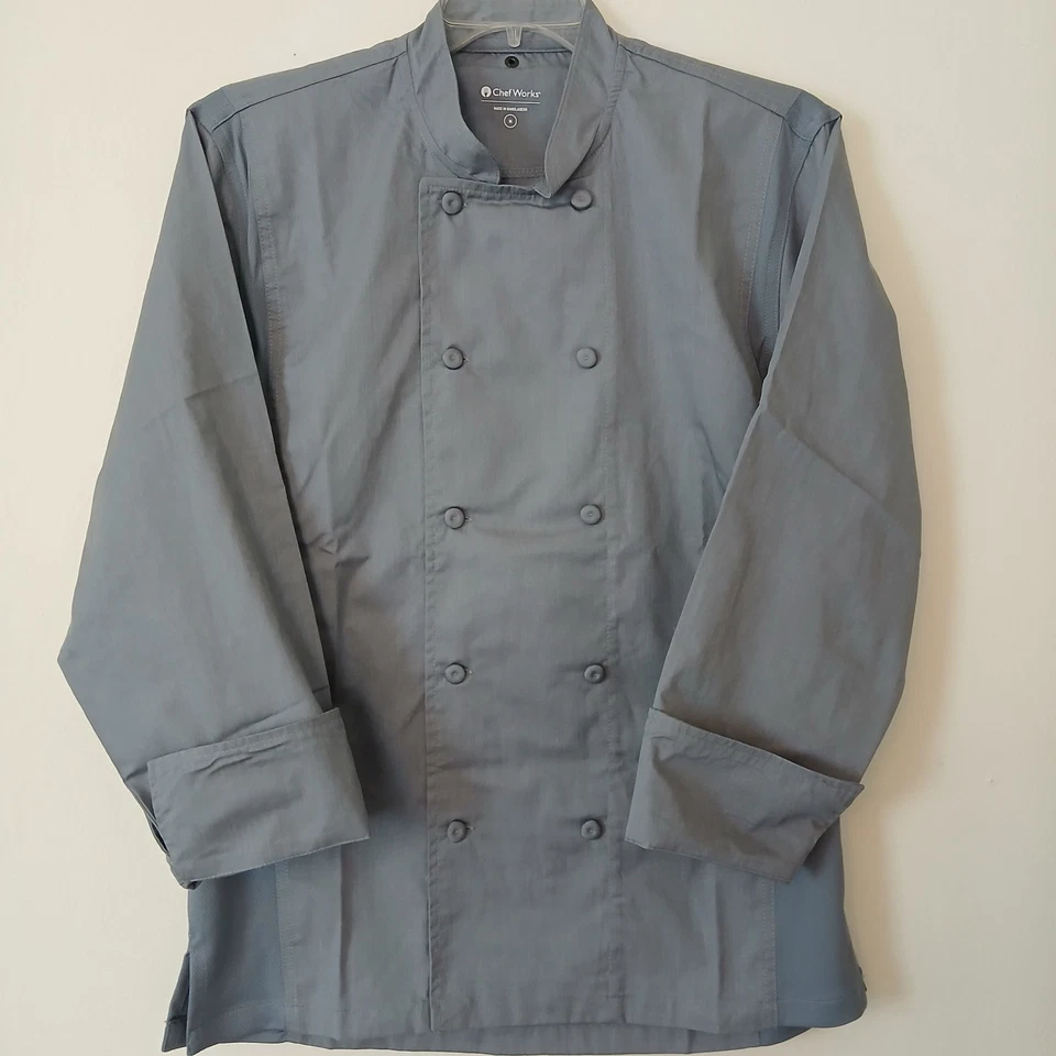 Abrigo de cocina profesional Chef Works talla mediana con botones manga larga gris Foto 4 de 4