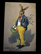 Dressed Bunny Rabbit with Egg Basket~Flowers~Antique PFB~Easter Postcard-j445